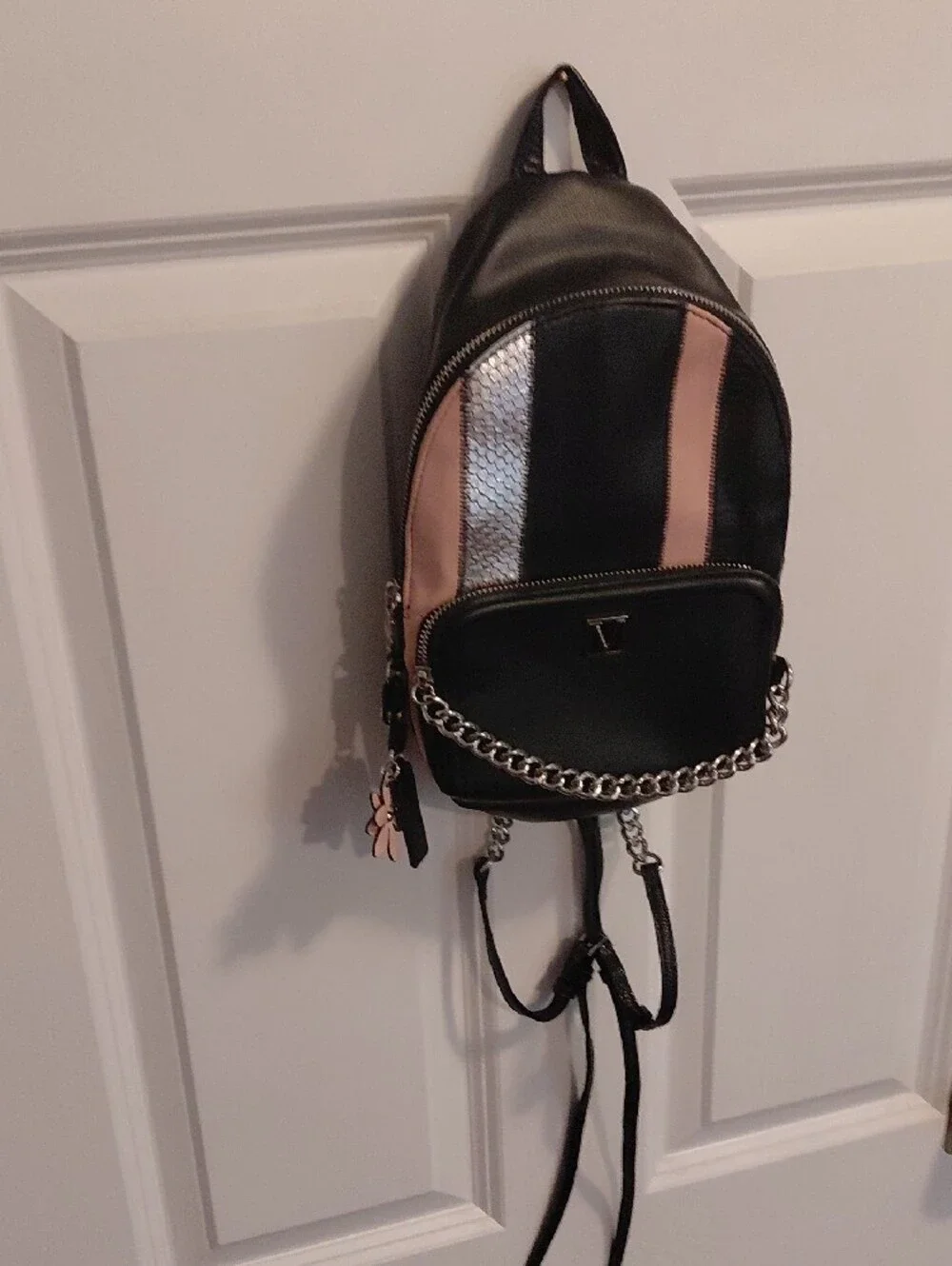Victoria's Secret Black and Blush Mini Backpack with Silver Chain